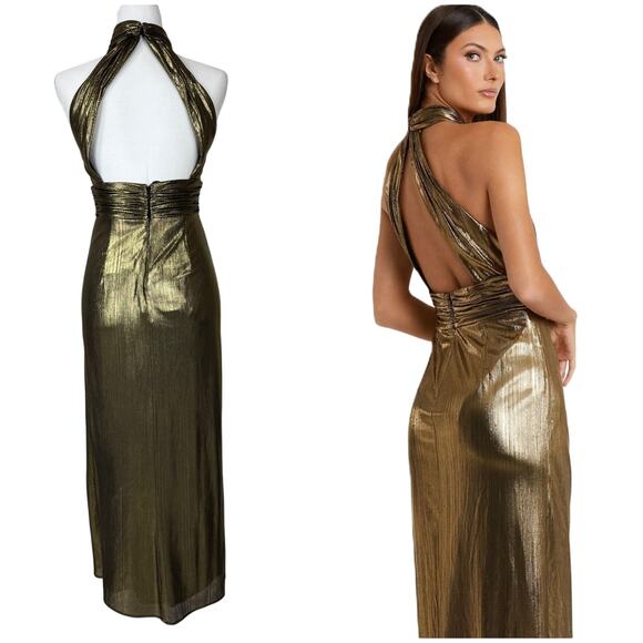 Mac Duggal NWT Gold Metallic Criss Cross Halter Neck Midi Dress Size 2 High Slit - Picture 2 of 10
